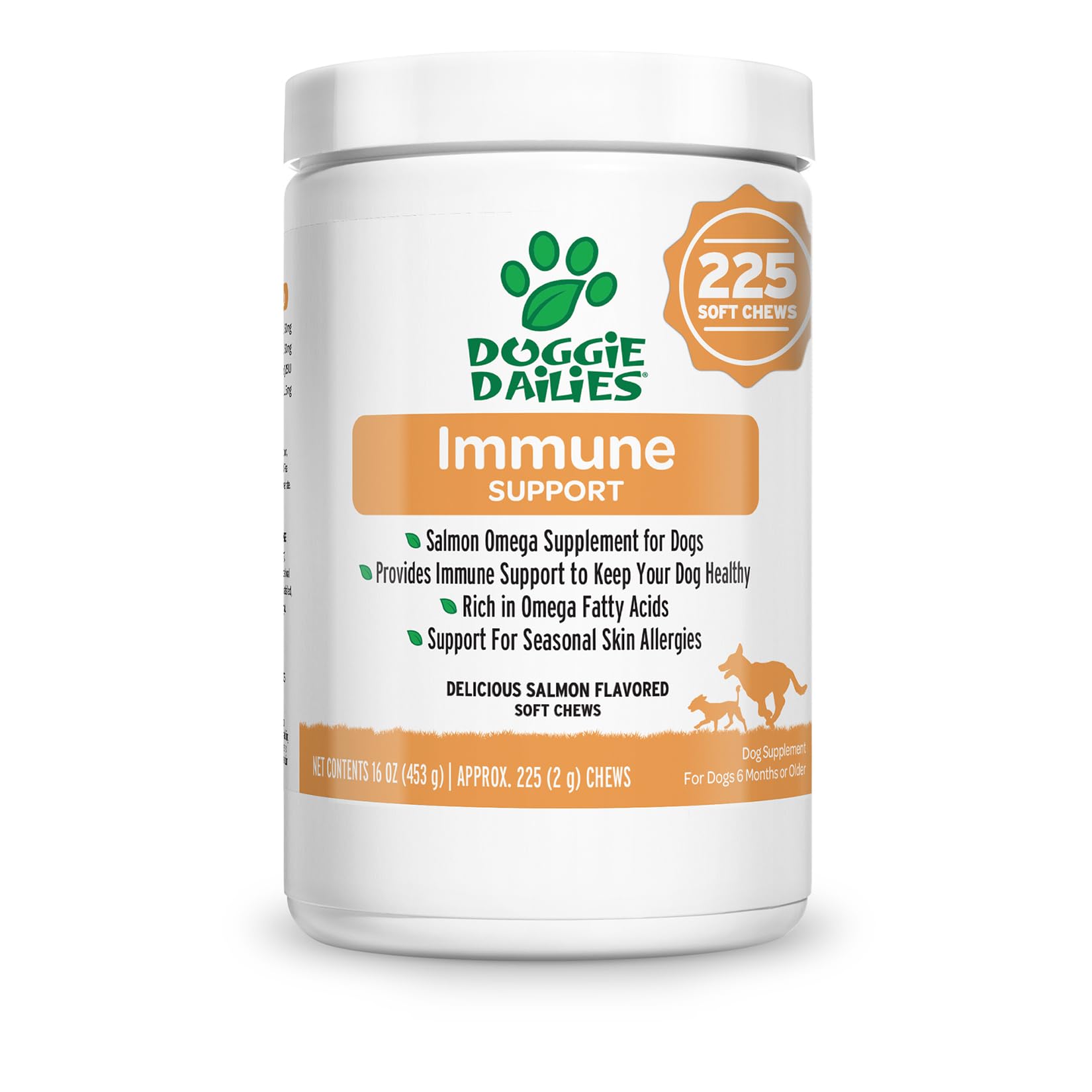 Doggie Dailies Omega 3 for Dogs, 225 Soft Chews, Salmon Oil for Dogs with Apple Cider Vinegar, Bee Pollen, Kelp, Zinc & Biotin -
