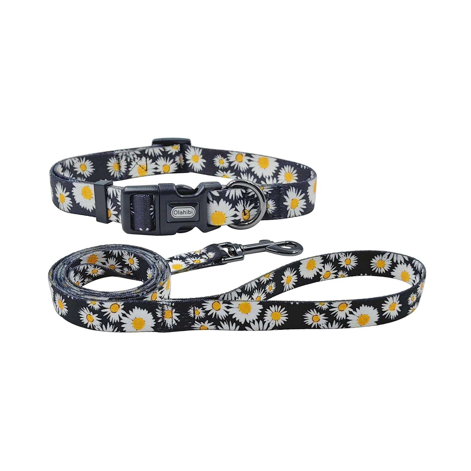 Olahibi Dog Collar And Leash Set, Cute Daisy Pattern, Polyester Material, 5Ft Leash, For Puppy Dogs.(Extra Small,Black Daisy)