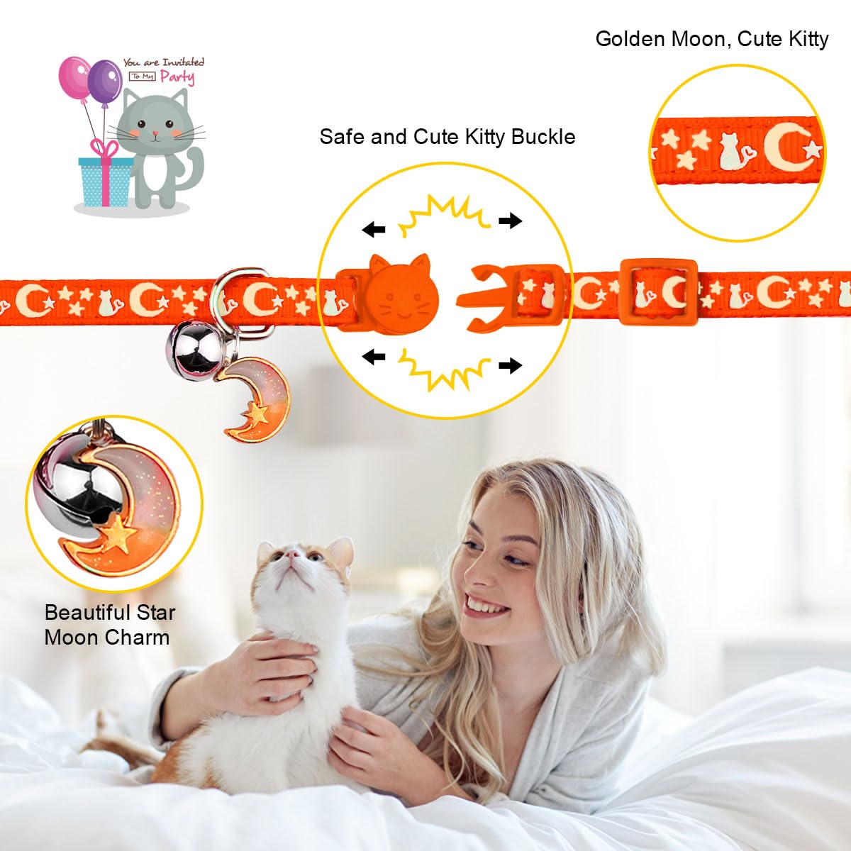 2Pcs Breakaway Cat Collars With Bell Cute Kitty Glow In The Dark Adjustable Kitten Collars 7.9-13.0 Inch(Orange&Black)