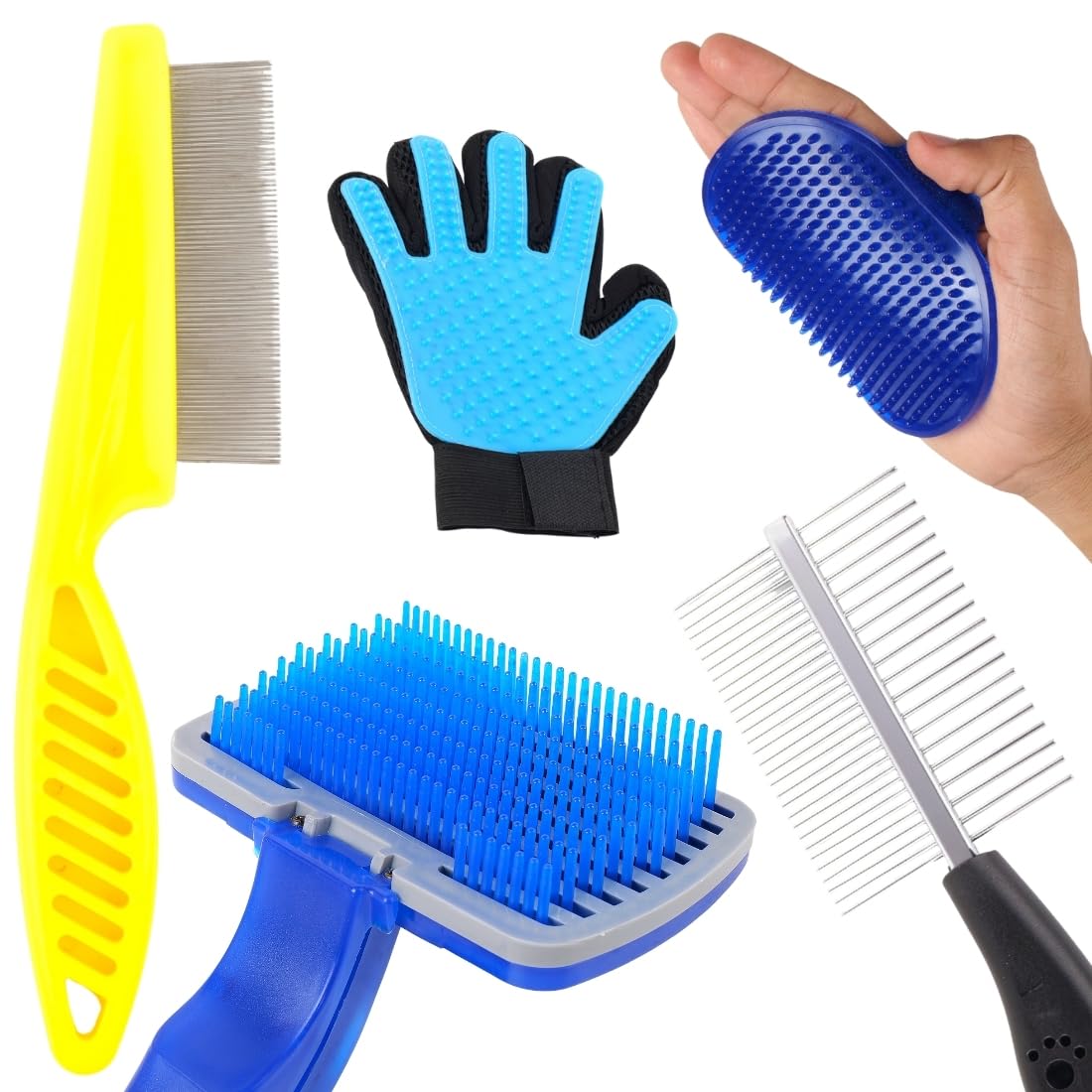 Pet Grooming Kit With SelfCleaning Slicker Brush, Metal Comb, Blue Deshedding Tool, Glove Brush For Dogs, 5 Piece Set