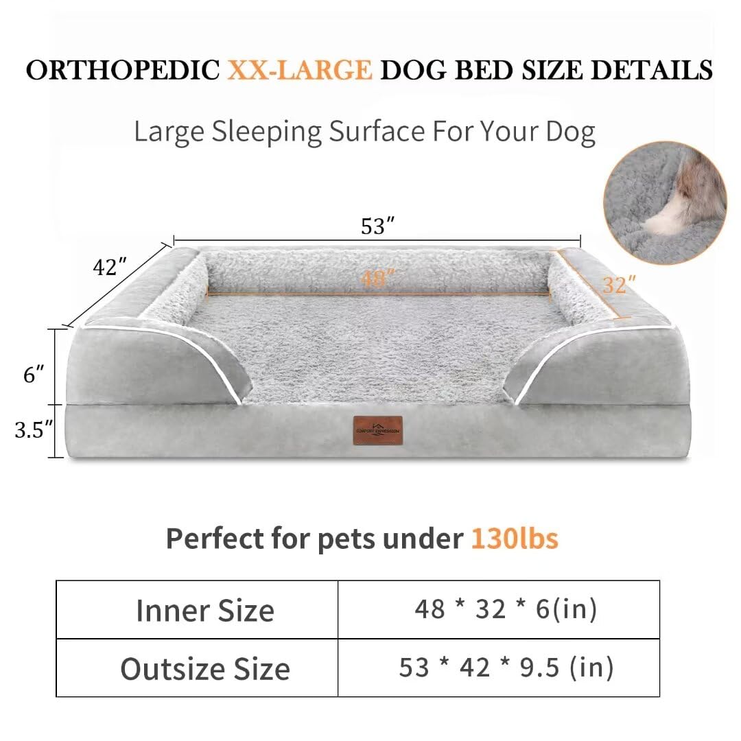 Comfort Expression Xxl Dog Bed For Extra Large Dogs, Cooling Dog Bed, Orthopedic Memory Foam Dog Bed For Giant Dogs, Waterproof Dog Bed With Bolster & Removable Cover(Xx-Large,Light Grey)
