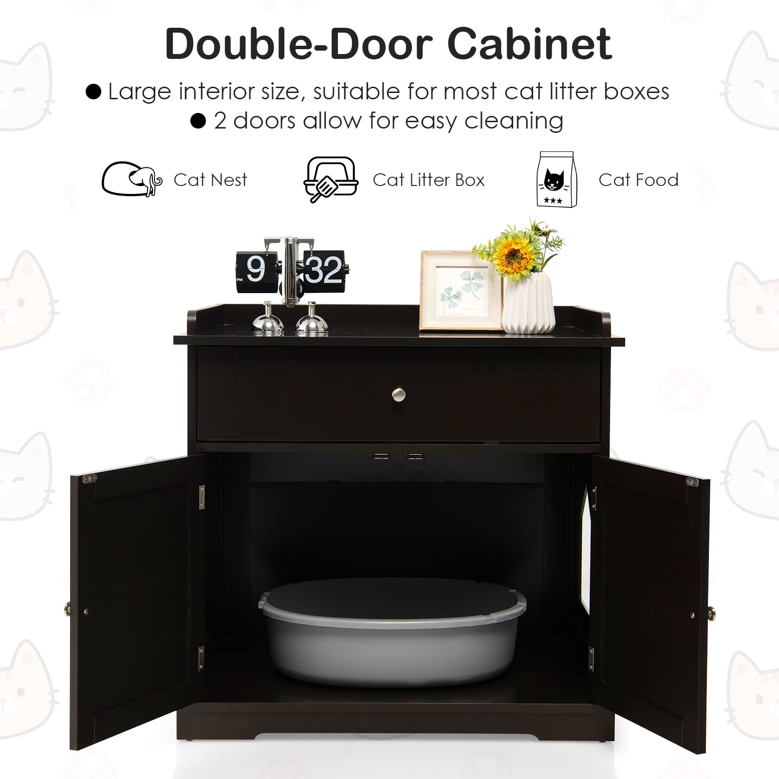PETSITE Cat Litter Box Enclosure, Large Cat Washroom End Table with Drawer & 2 Doors, Wooden Cat House Storage Cabinet, Hidden L