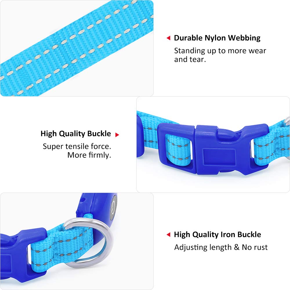 Illumifun Led Collar For Small Dog, Usb Rechargeable Dog Safety Collar Light, Adjustable Nylon Webbing Light Up Collar For Your Pups (Blue, X-Small)
