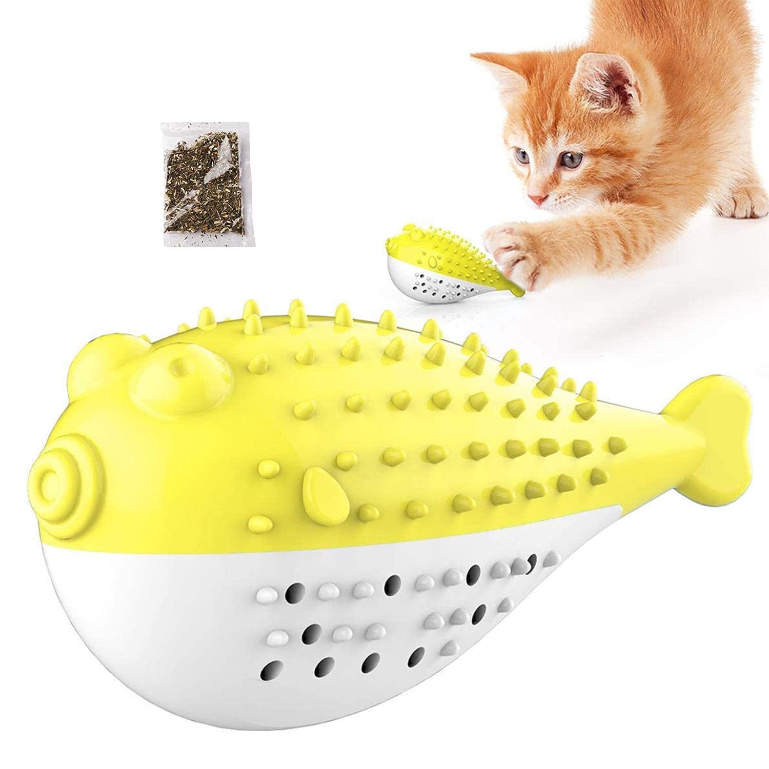 Emily Pets Playing Feeding Toy With Bell For Kitten Kitty Cats Teeth Cleaning, Puffer Fish Shape Pet Toy, Cat Toothbrush Catnip 
