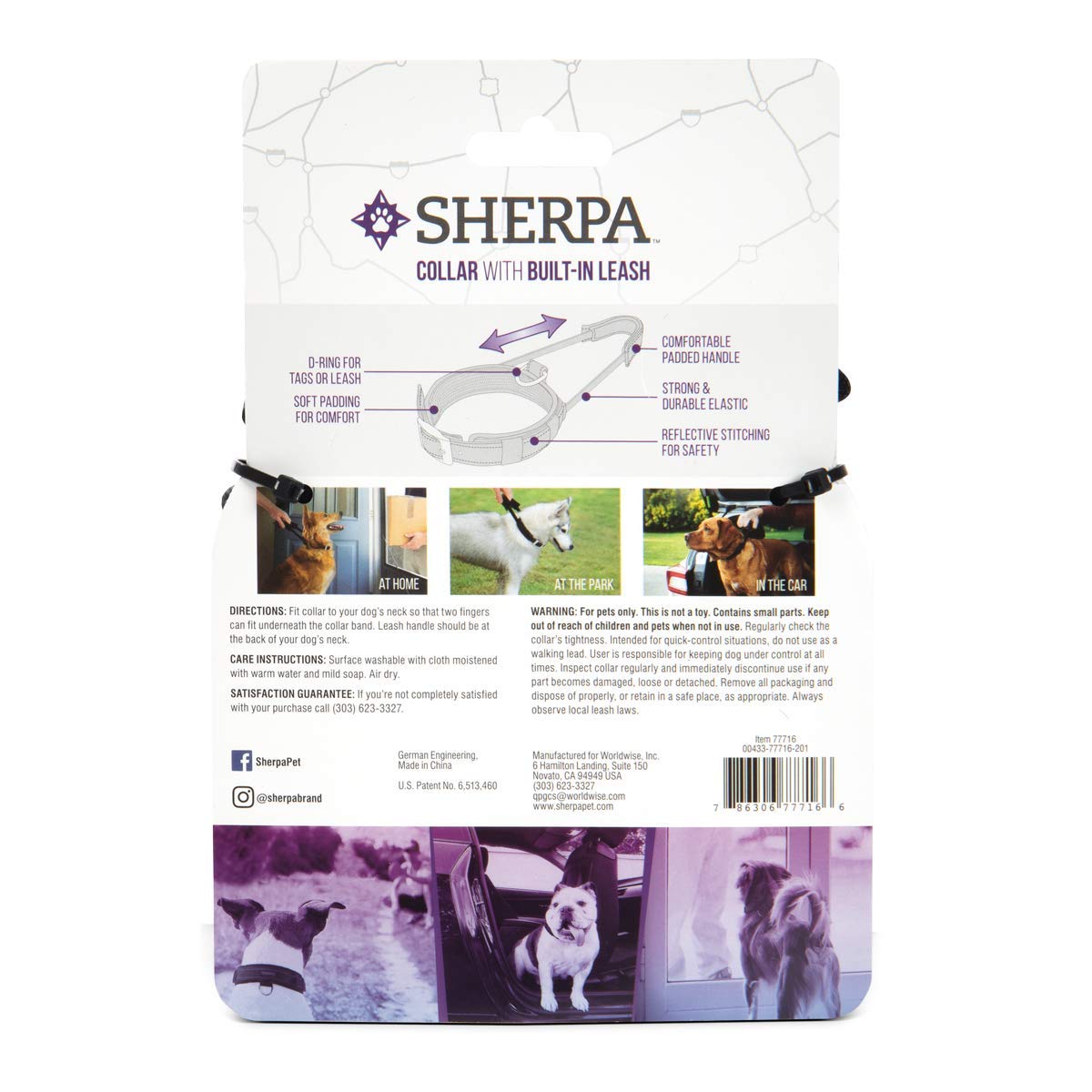 Sherpa Dog Collar, Built-in Quick Grab Handle, Padded - Black, Medium