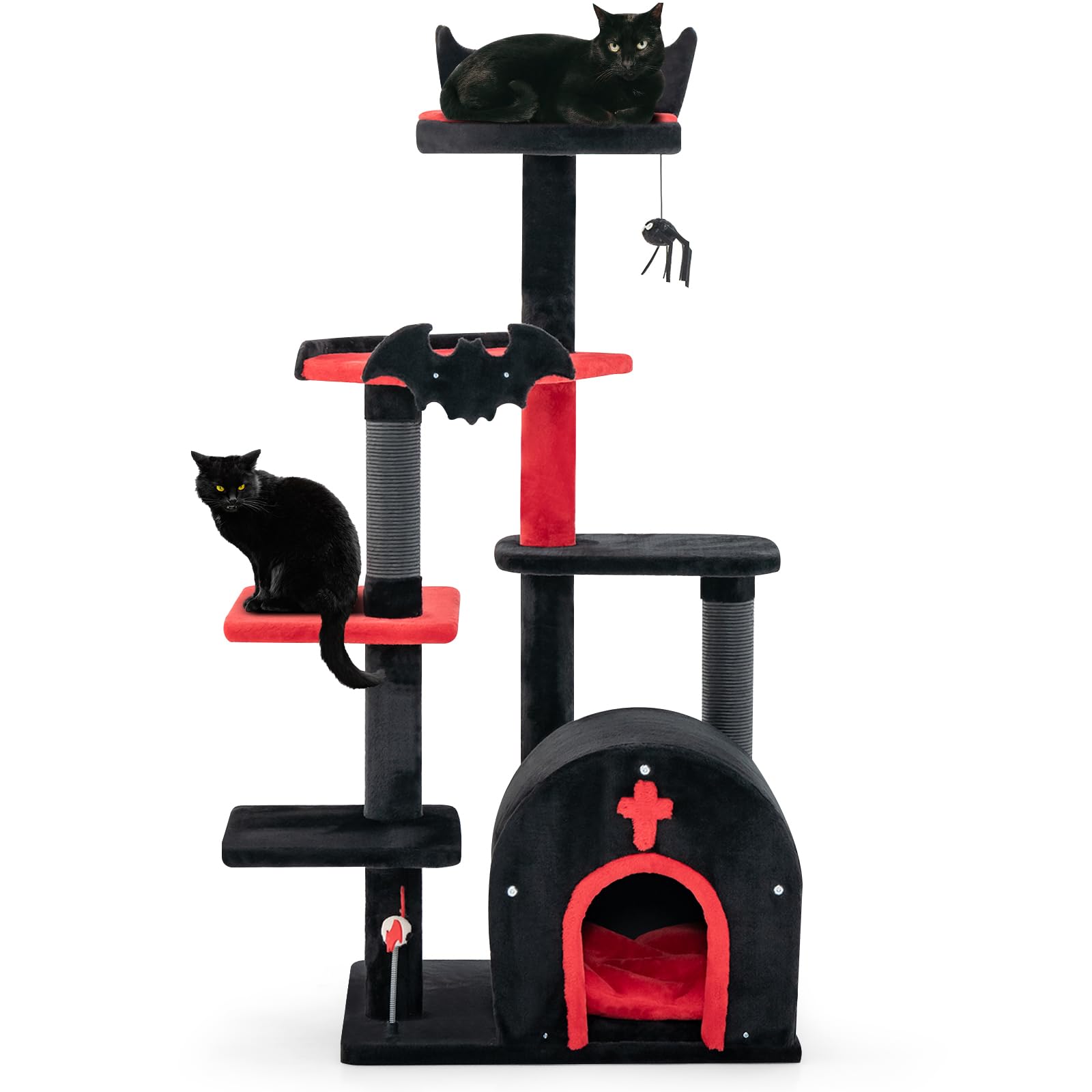 PETSITE Gothic Cat Tree, 53 Inch Multi-Level Cat Tower with Scratching Posts, Cat Bed, Arch-Shaped Condo, Pompom and Spring Ball