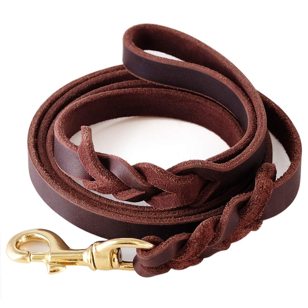 FAIRWIN Leather Dog Leash  6 Ft Heavy Duty Braided Leash for Large, Medium & Small Dogs (M: 5/8inch Width, Brown)