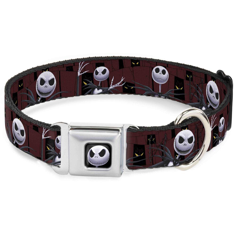 Dog Collar Seatbelt Buckle Nightmare Before Christmas 3 Jack Poses Peeping Eyes Burgundy 11 To 17 Inches 1.0 Inch Wide