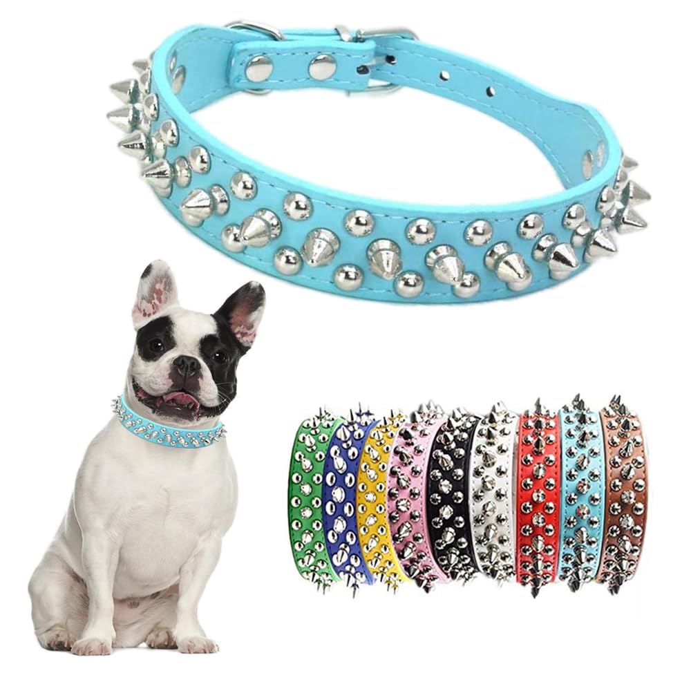 Light Blue Dog Spike Collars,Mushroom Rivet Spike Puppy Collars Girls Boys Leather Studded Cat Collar Adjustable Metal Buckle Du