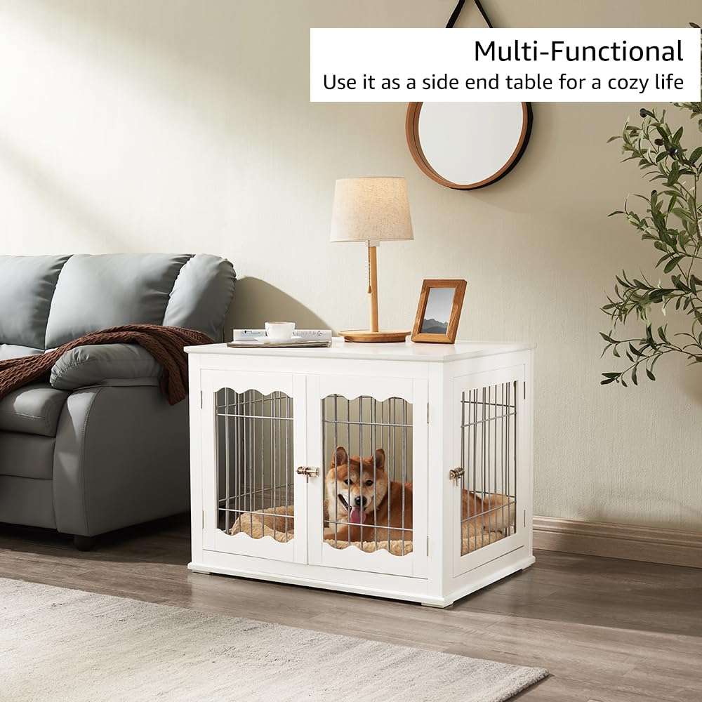 unipaws Furniture Style White Dog Crate for Medium Dogs, Indoor Aesthetic Puppy Kennel, Modern Decorative Wood Wire Pet House Do