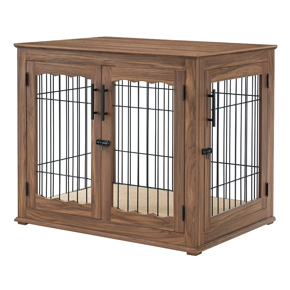 Beenbkks Furniture Style Dog Crate End Table, Double Doors Wooden Wire Dog Kennel With Pet Bed, Decorative Pet Crate Dog House Indoor Medium Large