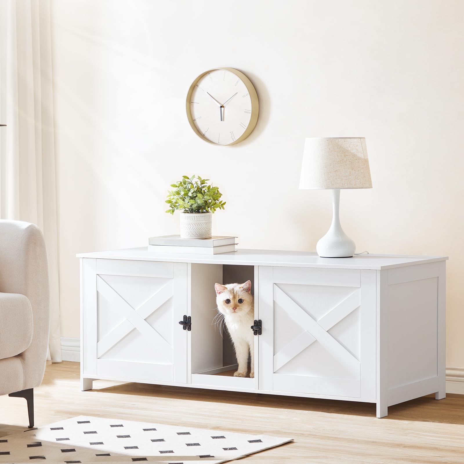 MAHANCRIS Cat Litter Box Enclosure for 2 Cats, 47.2" Wooden Washroom, White, Model 999CWWT1201, Includes Scratching Board
