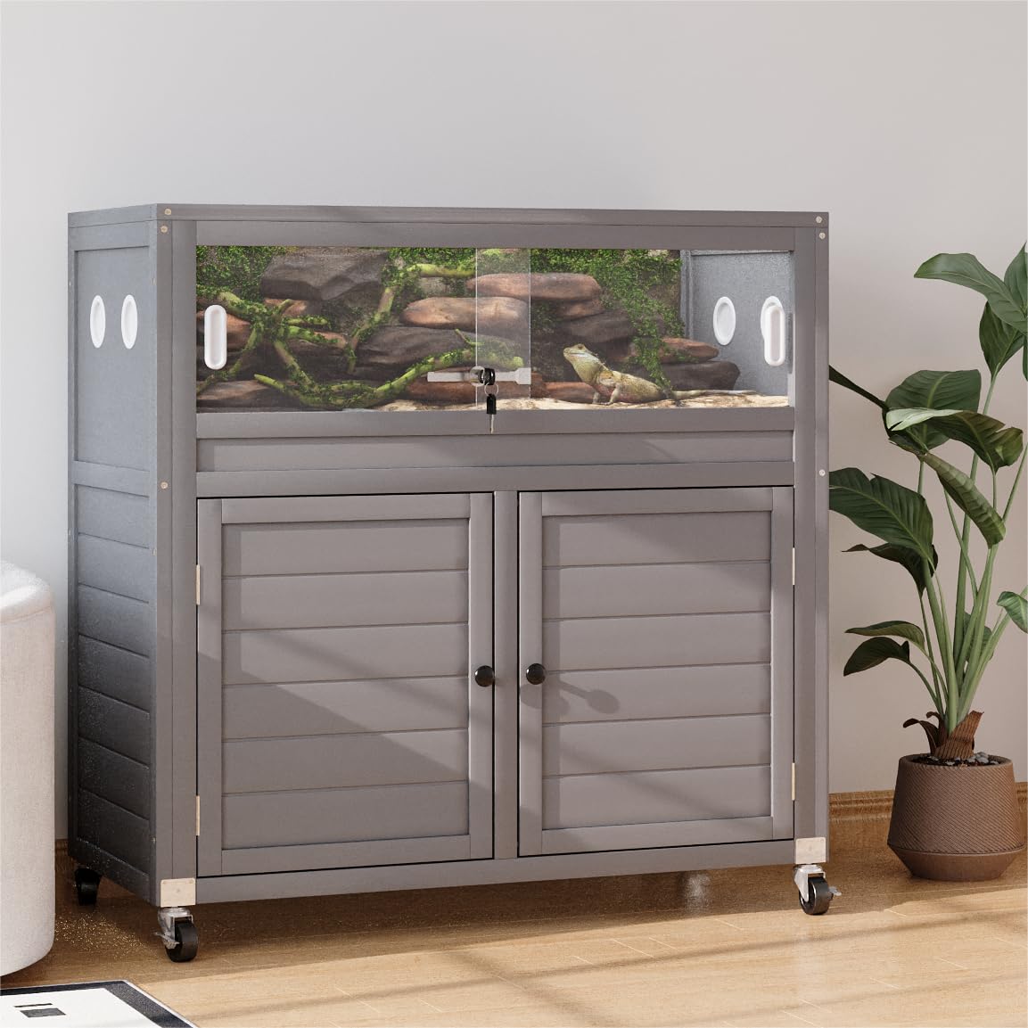 Neocozy Natural Wood Reptile Enclosure,Secure Locking System & All-Terrain Wheels With Built-In Storage Cabinet And Stand, 40 Ga