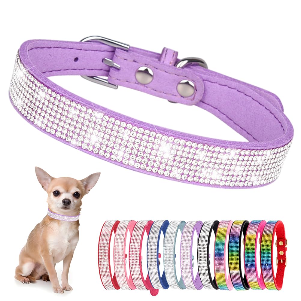 Small Dog Collar With Rhinestone Crystal Diamond Colorful Bling Girl Cat Collars Purple M