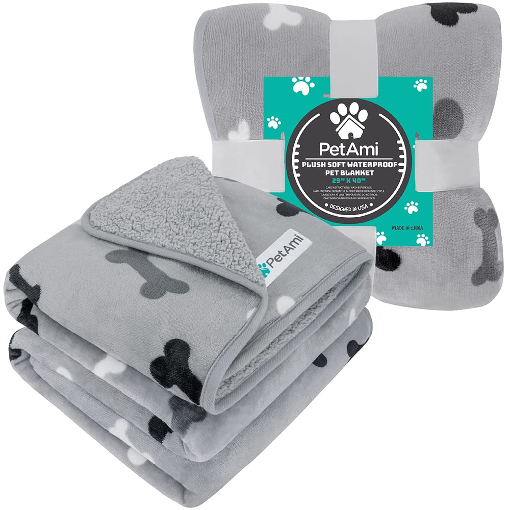 Petami Waterproof Dog Blanket For Small Medium Dogs, Pee Proof Pet Blanket Sherpa Fleece Couch Cover, Reversible Cat Throw Bed Sofa Protector, Soft Plush Washable Pad (Medium 29X40, Bone Print Gray)
