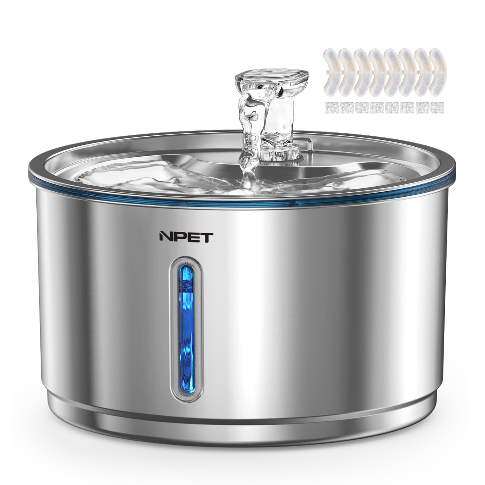 NPET Stainless Steel Cat Water Fountain, 1Gallon/135oz Automatic Pet Drinking Fountain Dog Water Dispenser with 8 Replacement Fi
