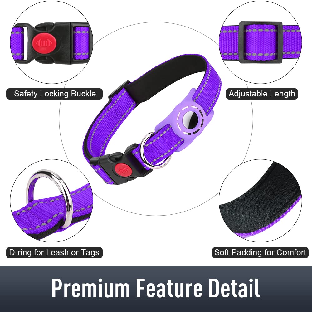 Erbine Airtag Dog Collar For Medium Dogs, Reflective Dog Collars With Airtag Holder, Soft Padded & Safety Locking Buckle, Nylon Pet Collar Adjustable For All Breeds, Purple
