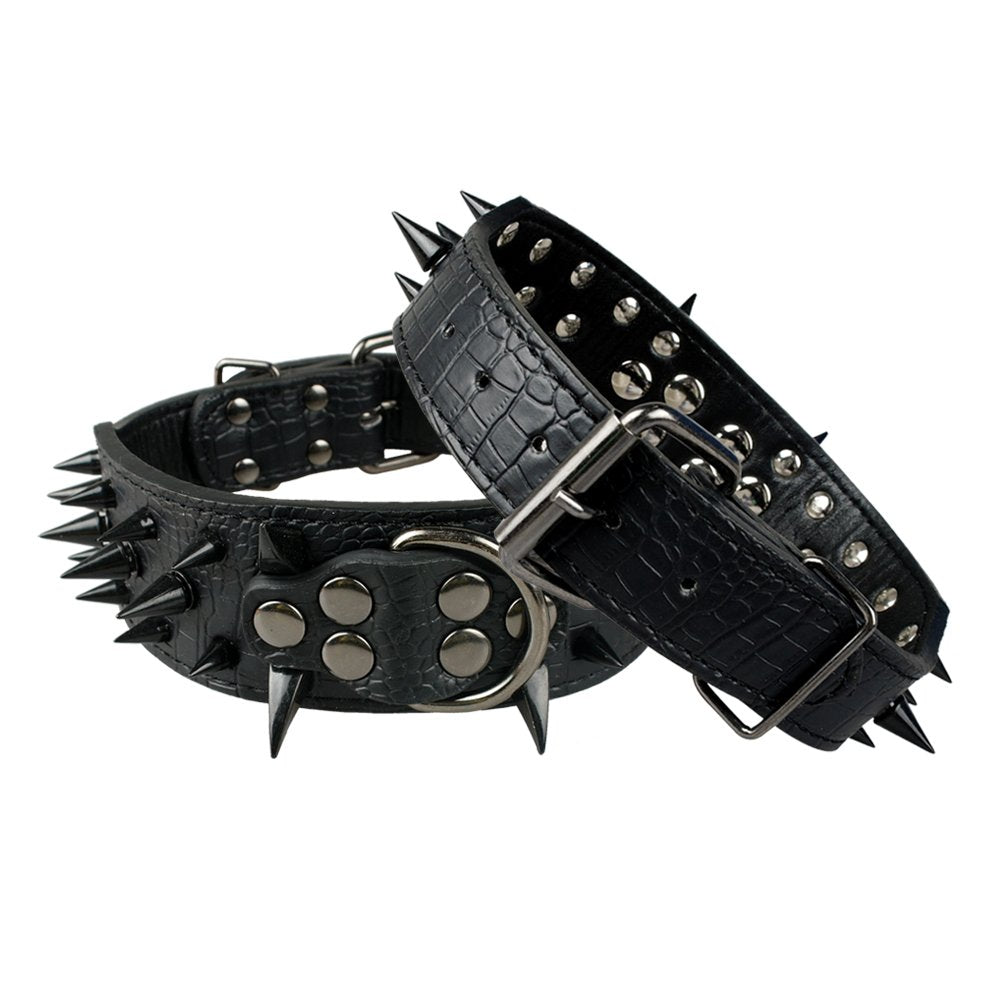 Berry Pet Sharp Spiked Studded Dog Collar - Stylish Leather Dog Collars - 2 Inch In Width Fit For Medium & Large Dogs - Such As Pitbull Mastiff - Black Rivets & Black Leather,21-24'