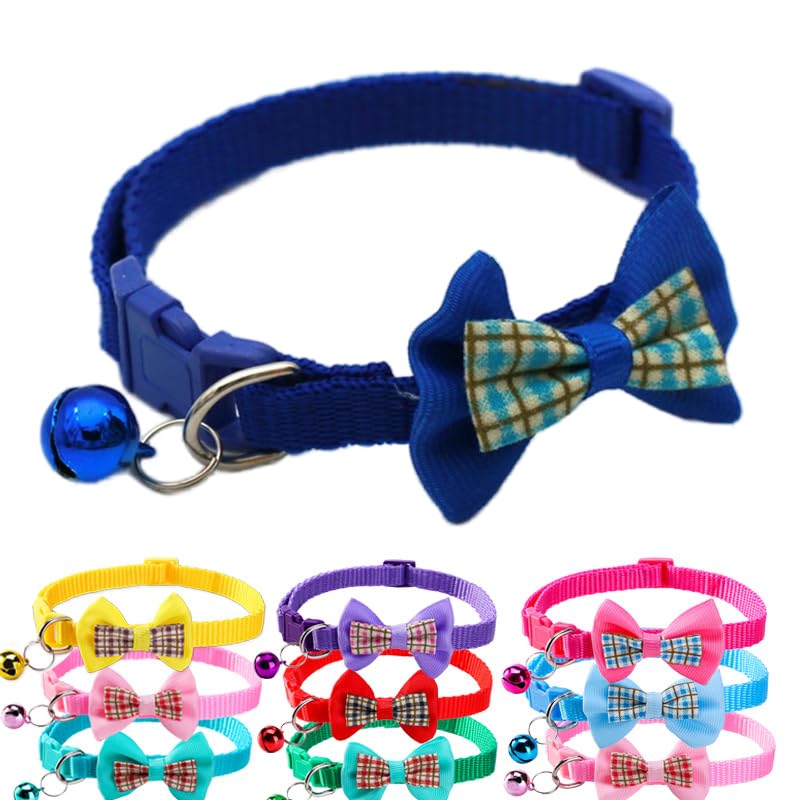 Puppy Collar With Bell,Soft Nylon Identification Blue Cat Collar Bell For Dog Collar With Bowtie Adjustable Buckle For Xxs Xs Ti