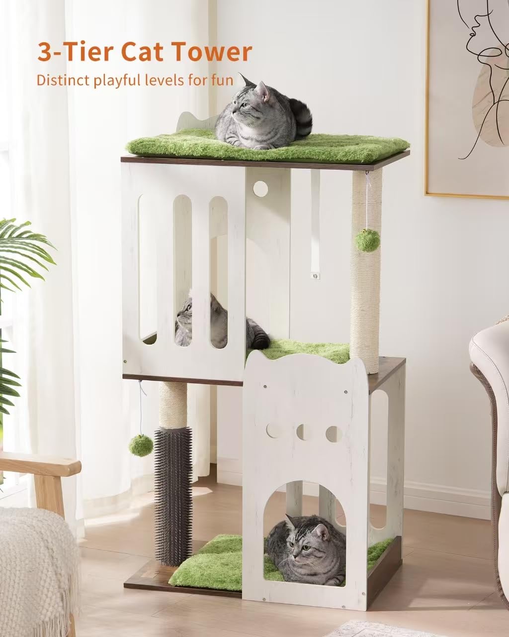 FourFurPets Cat Tree Tower Condo, 43.7in, White, Engineered Wood, 3-Tier with 19.7in Sisal Posts, Model 111PMJA02
