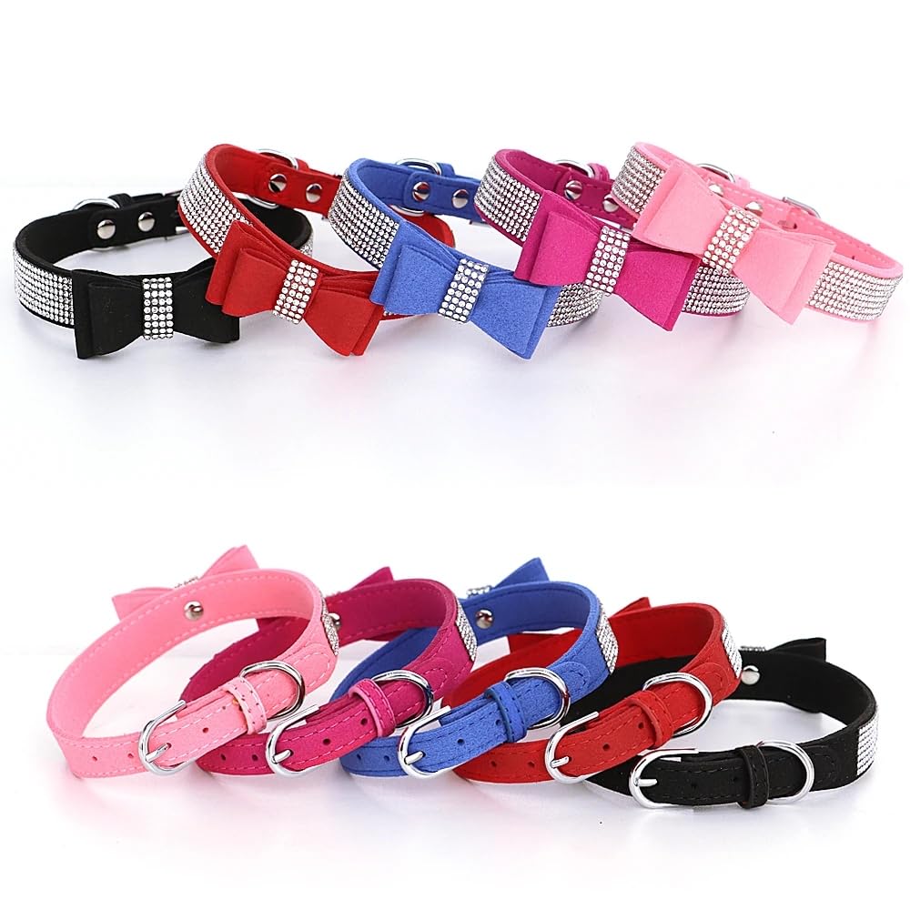 Blue Girl Dog Collars For Medium Dogs With Bow, Rhinestone Puppy Collar Diamond Cat Collars Bling Sparkly Jewelry Cute Adjustabl