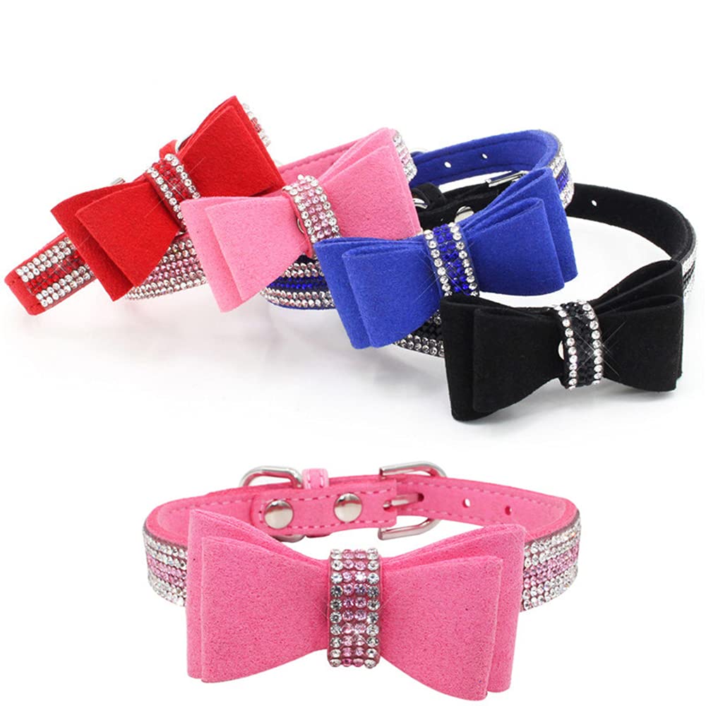 X Small Dog Collar With Bowtie,Rhinestone Bling Diamond Sparkly Crystal Jewel Cute Adjustable For Small Medium Large Girl Puppy