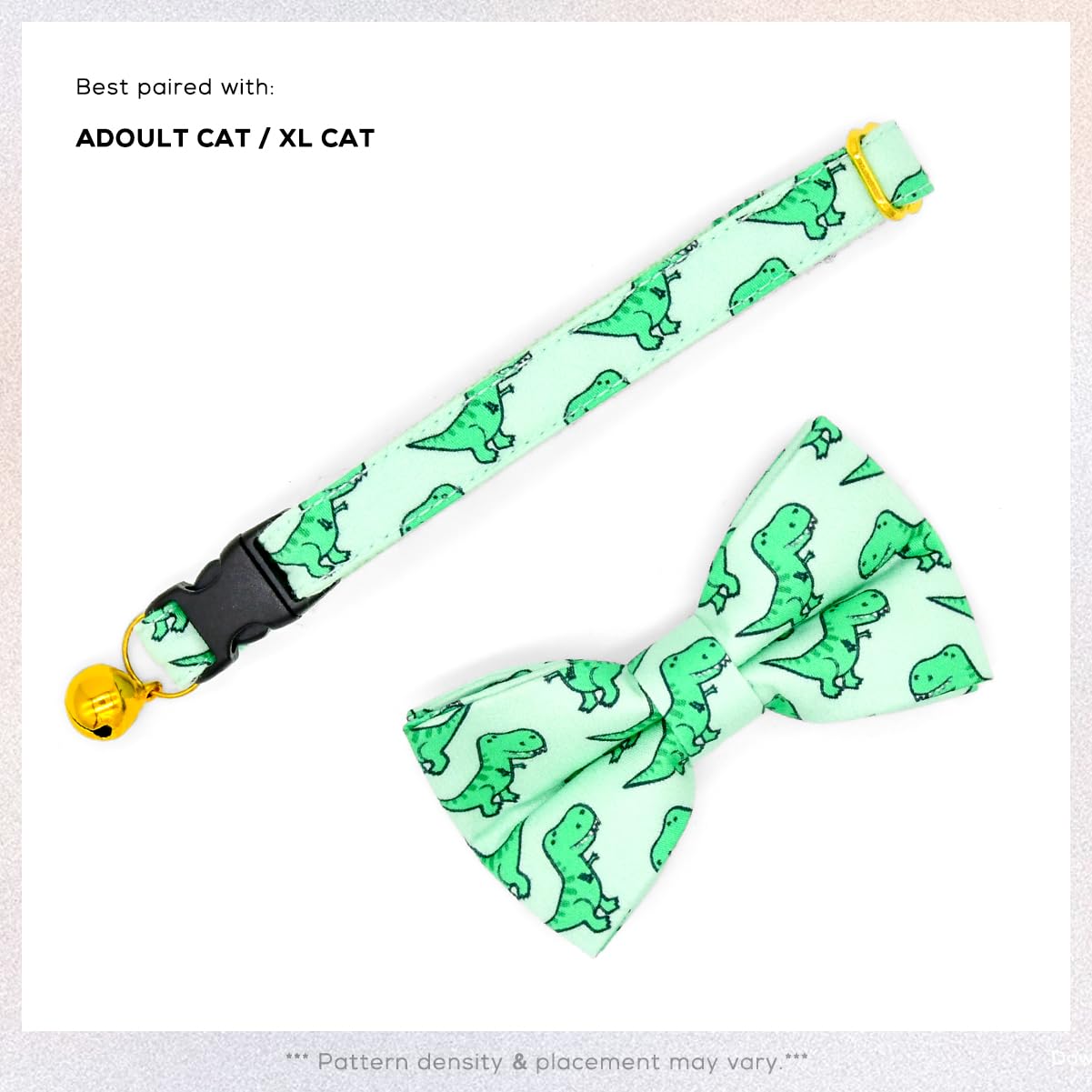Cat Bow Collar, Green Dinosaur Pattern, Quick Release Safety Buckle, (6 - 10)