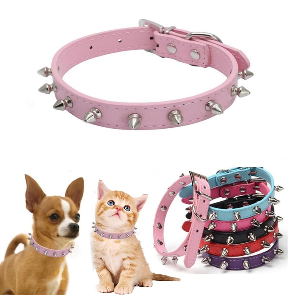 Pink Dog Collar With Spikes, Studded Dog Collar, Spiky Spiked Stud Rivet Pu Leather Mushroom Pet Collars Adjustable For Xxs Xs S