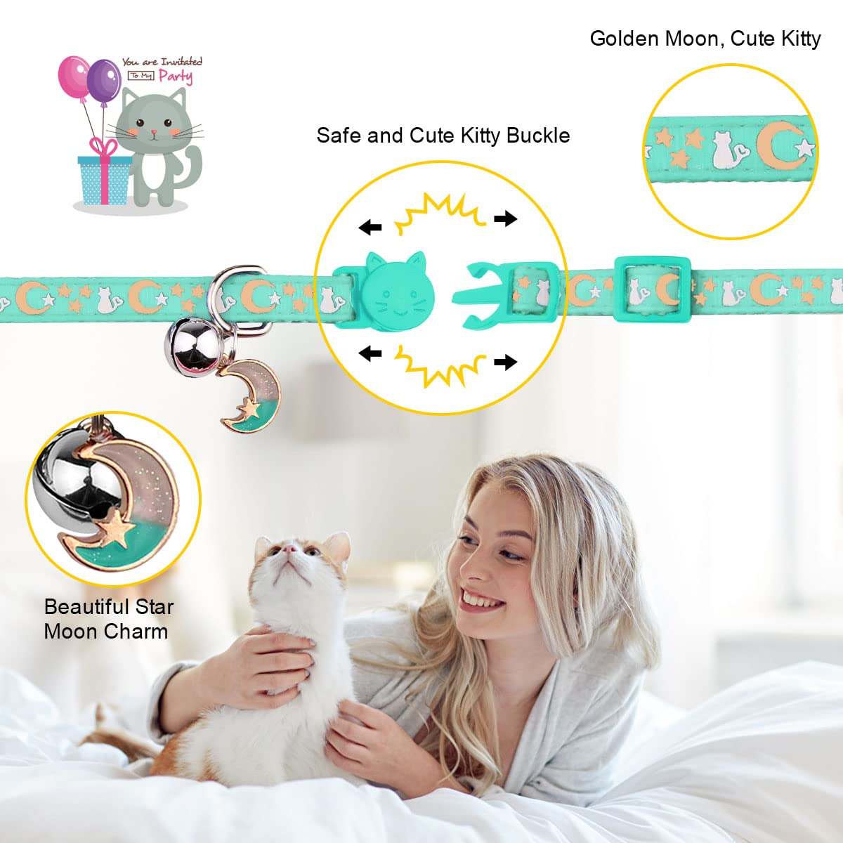 2Pcs Breakaway Cat Collars With Bell Moons Stars Cute Kitty Adjustable Safe Kitten Collars With Pendant Glow In The Dark(Black&T