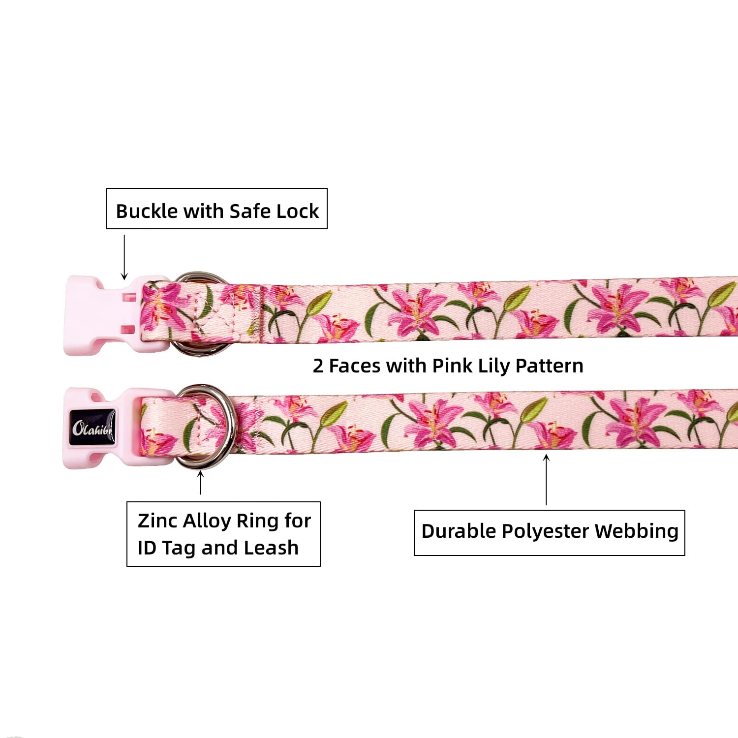 Olahibi Dog Collar And Leash Set, Lily Floral Pattern, Polyester Material, 5Ft Leash, For Medium Dogs.(M, Pink Lily)