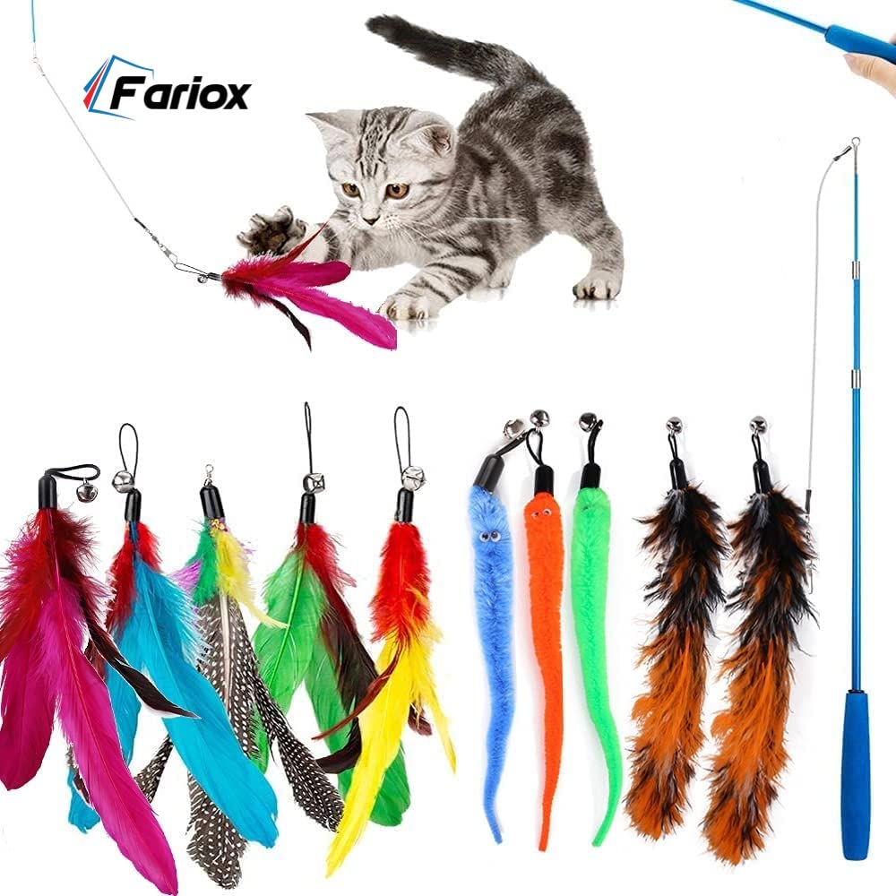 Fariox Feather Teaser Cat Toy, 1 Pcs Retractable Interactive Cat Teaser Rods, 10 Pcs Replacement Colorful Feather Refills With B