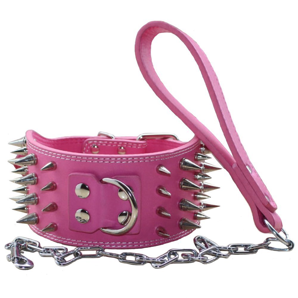 Haoyueer 3 Inches Wide Leather 4 Rows Spiked Studded Dog Collar + Dog Leash Lead Set Heavy Duty Fit Pit Bull Terrier Mastiff(Hot Pink,L)