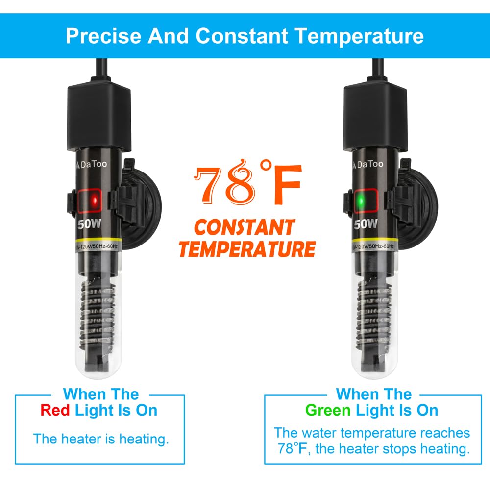 Datoo Mini Aquarium Heater 50W Small Fish Tank Heater 50 Watt With Free Thermometer Sticker