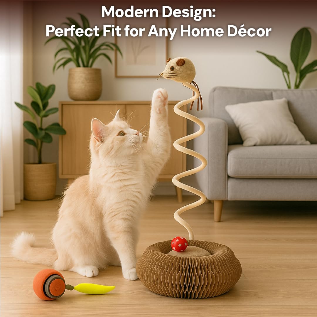 JUMPSELL Kitty Kurlz Cat Toy - Interactive Cat Scratcher Set with Flexible Cardboard Accordion, Plush Mouse & Magic Organ Toy -