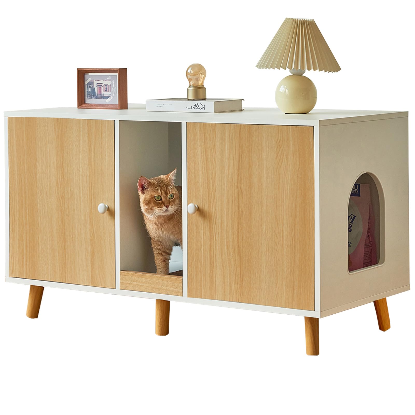 Janflyhome Litter Box Enclosure For 2 Cats - 42.5'' Double Hidden Cat Litter Box Cabinet With Scratching Pad Large Space Indoor 