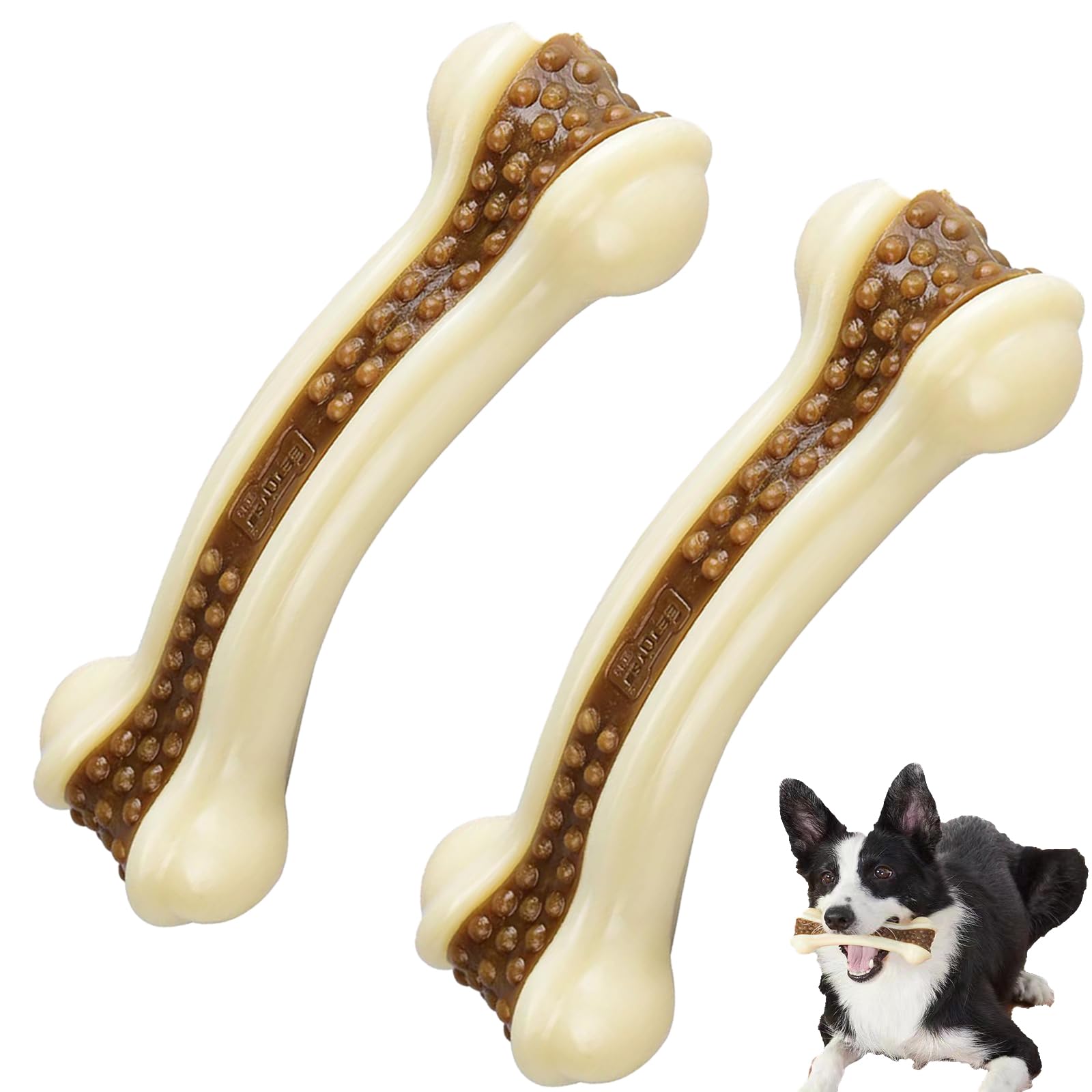 BETTEPROD Dog Bones Chew Toys for Aggressive Chewers, 2 Pack Real Beef Flavor,Indestructible Dog Teething Chew Toys for Large/Me