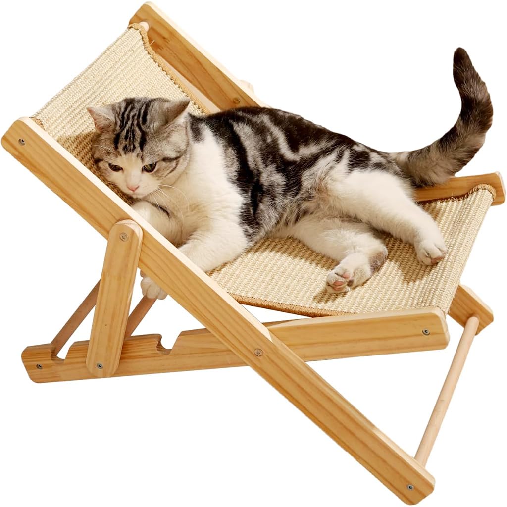 Qpets Cat Scratcher & Bed, Adjustable Sisal & Hemp Scratching Chair With Anti-Slip Base Multi-Angle Wooden Lounge For Cats