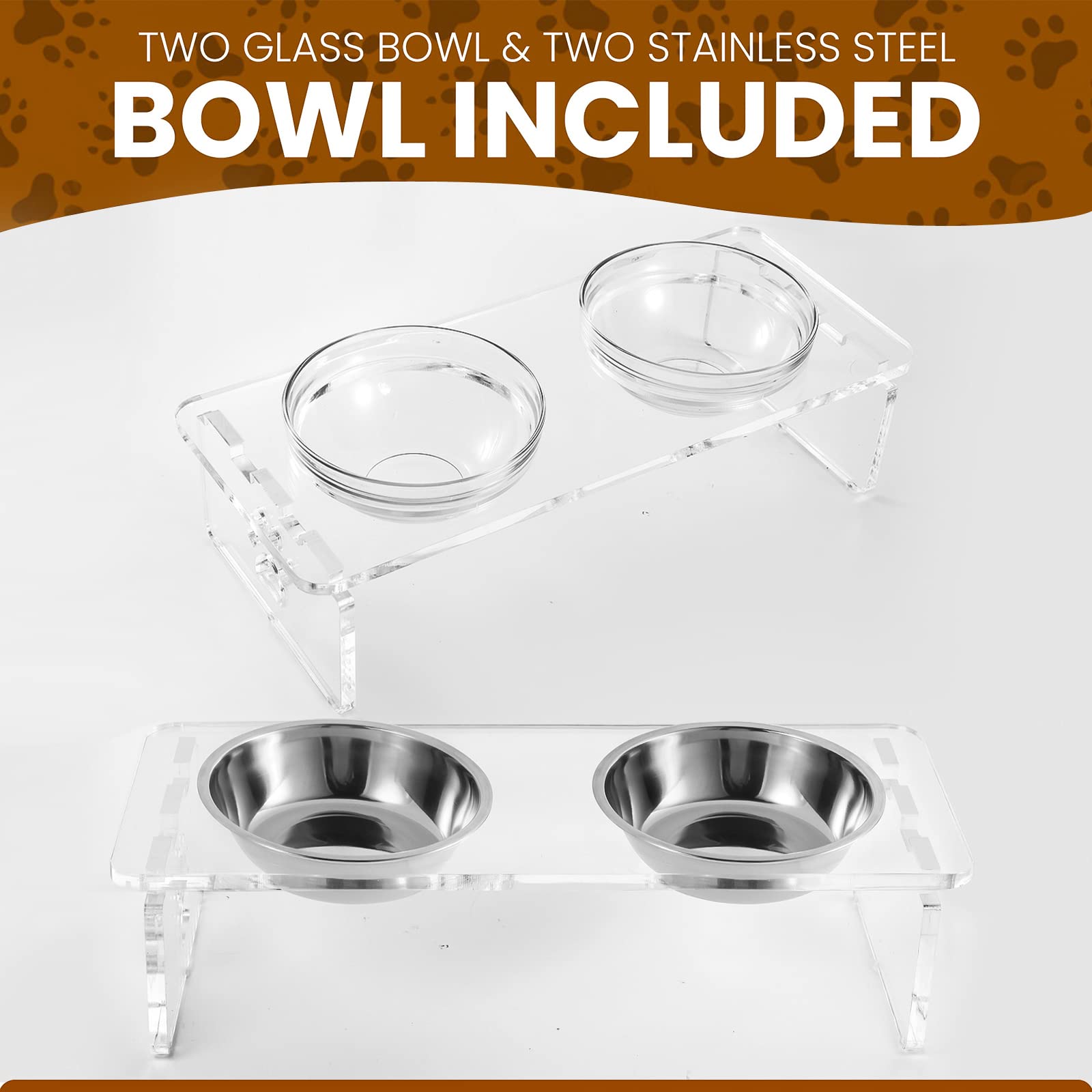 Dog and Cat Bowls Elevated Set - Acrylic Feeder Stand with 2 Set Removable Stainless Steel and Glass Bowls Food and Water Raised