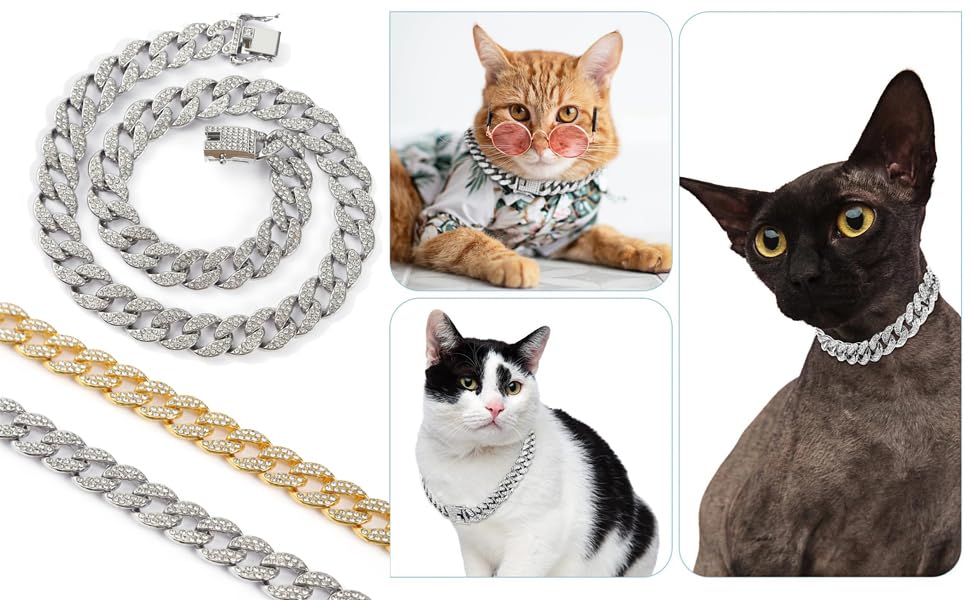 Chain Dog Collar, Bling Diamond Cuban Link Dog Collars Glitter Chain Rhinestone Puppy Necklace For For Small Medium Large Pet Do