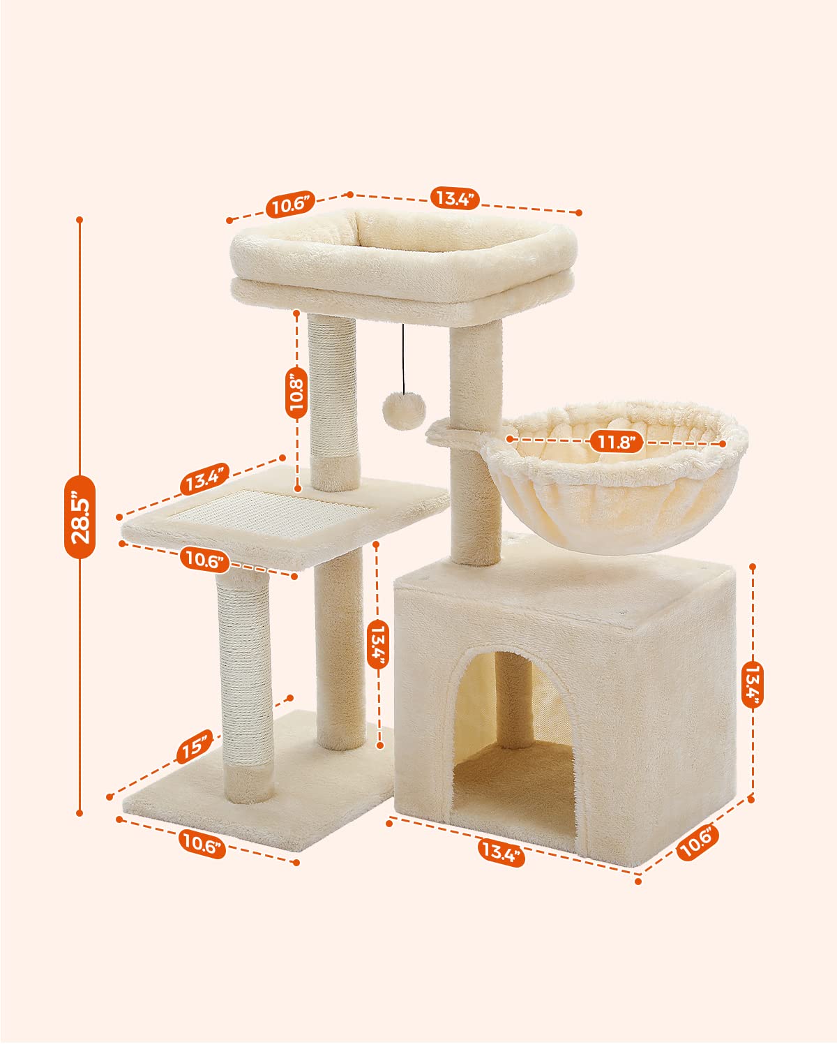 Pequlti Small Cat Tree, [28.5''] Cat Tower For Indoor Cats, 2 Styles Cat Activity Tree With Cat Scratching Posts, Big Hammock And Removable Top Perch Beige