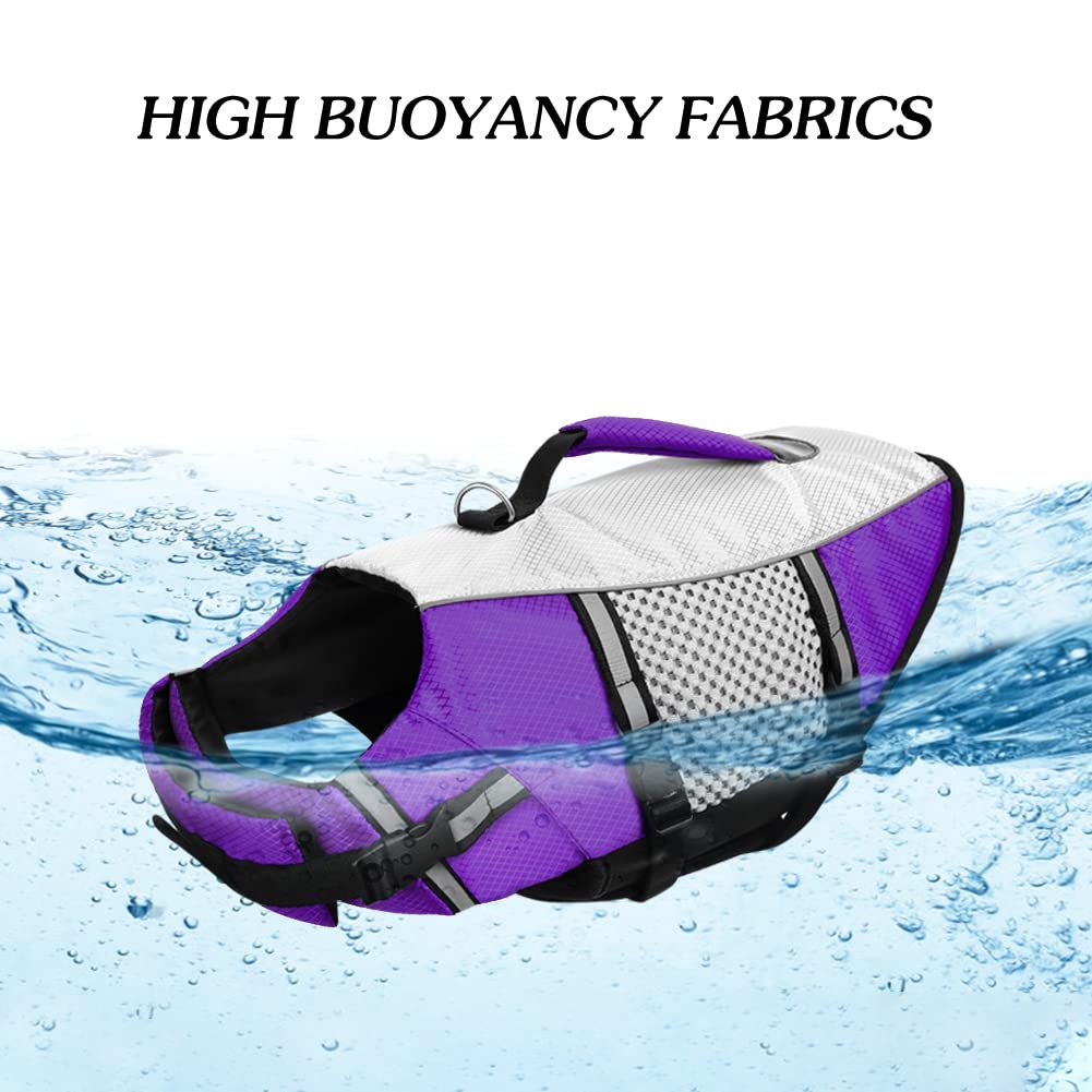 Dog Life Jacket Swimming Vest Lightweight High Reflective Pet Lifesaver With Lift Handle, Leash Ring Purple,M