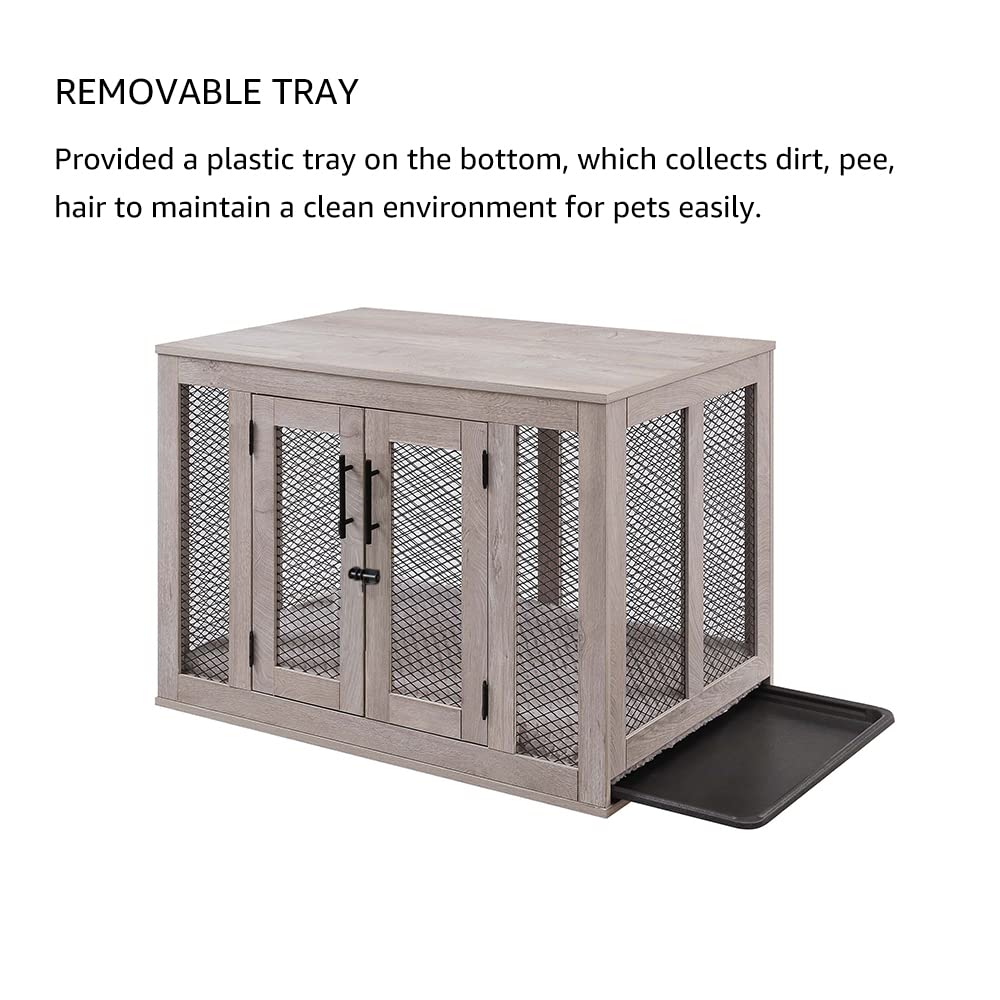 Unipaws Furniture Dog Crate With Tray For Medium Dogs, Indoor Aesthetic Puppy Kennel Pet House Dog Cage With Door, Modern Decorative Wood Pretty Cute Fancy End Side Table Nightstand, Grey