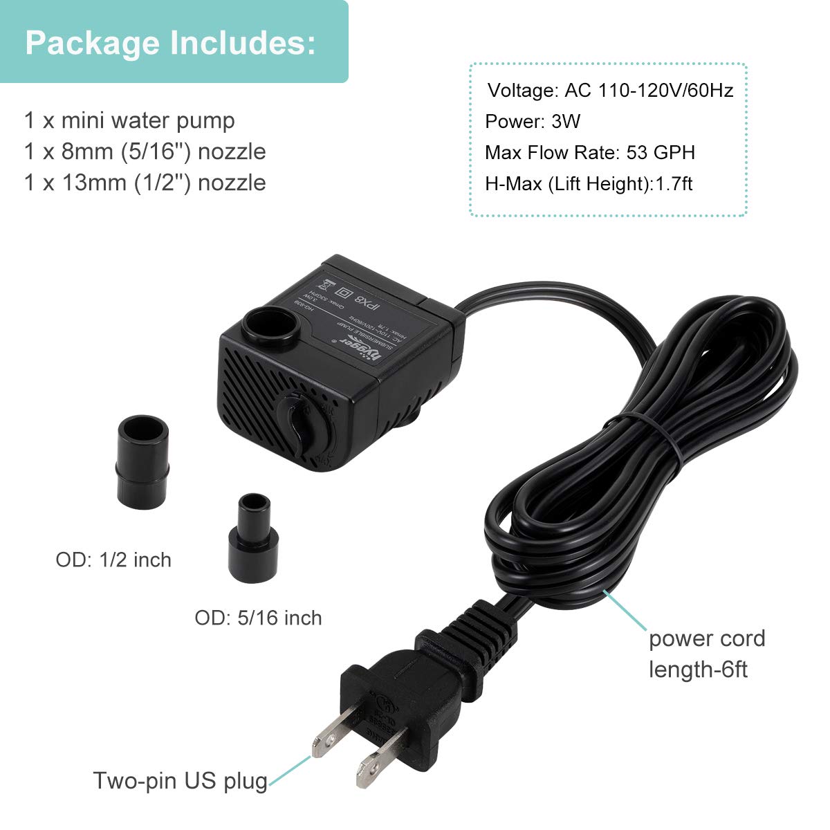 hygger Ultra Quiet 53GPH (200L/H, 3W) Submersible Mini Water Pump Comes with 2 Nozzles, for Aquariums, Fish Tank, Fountain, Hydr