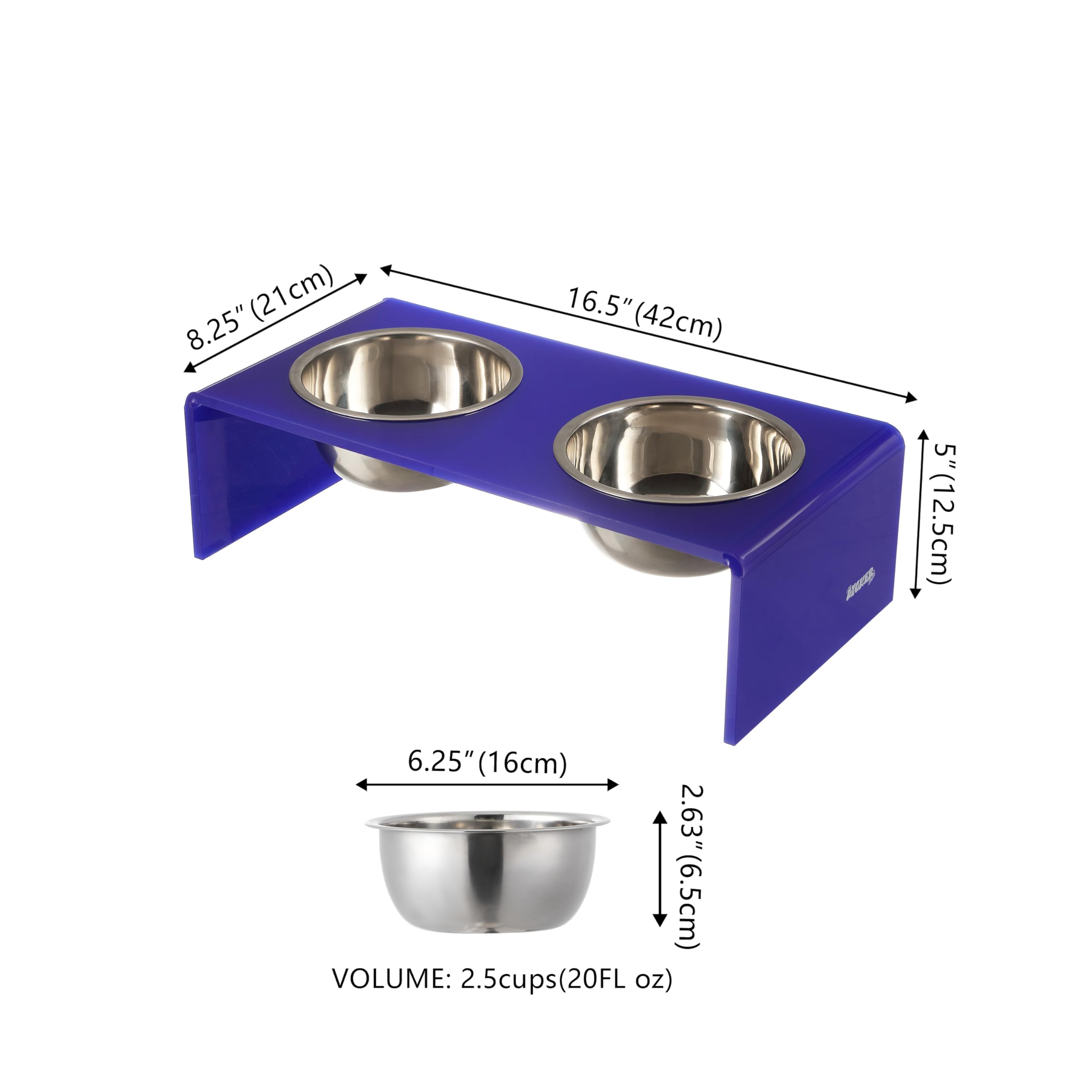 The LICKER Store DBL2000F Keaton 5 Small/Medium Modern Acrylic Rectangular Elevated Pet Feeder with 20oz 2-Stainless Steel Bowls
