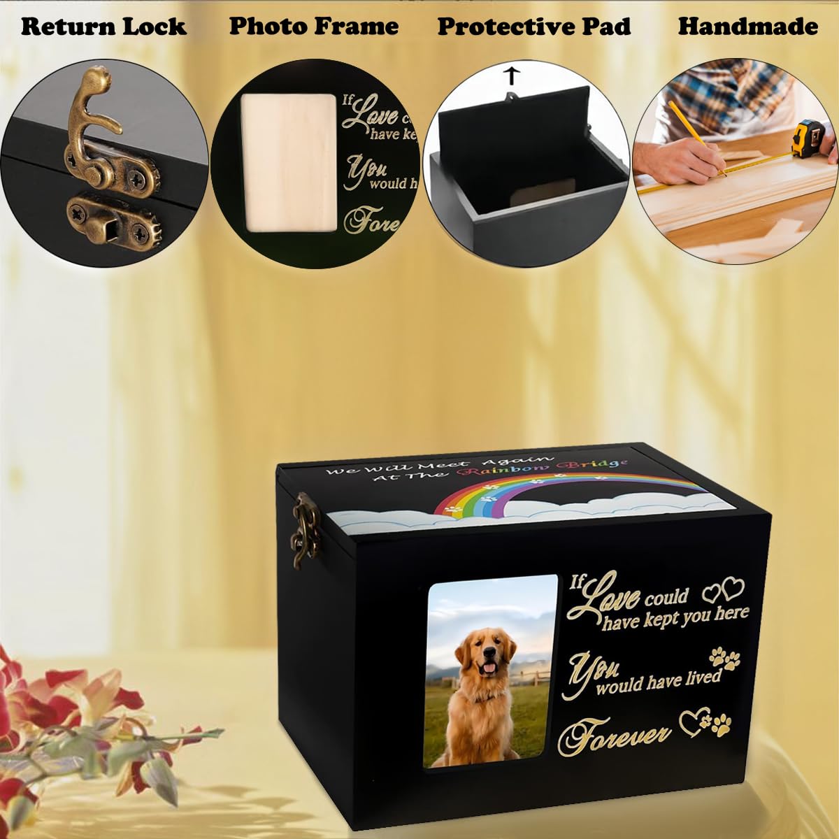 Sofunii Pet Urns For Dogs Or Cats Ashes,Large Wooden Funeral Cremation Memorial Box With Photo Frame,Rainbow Bridge Keepsake Wit