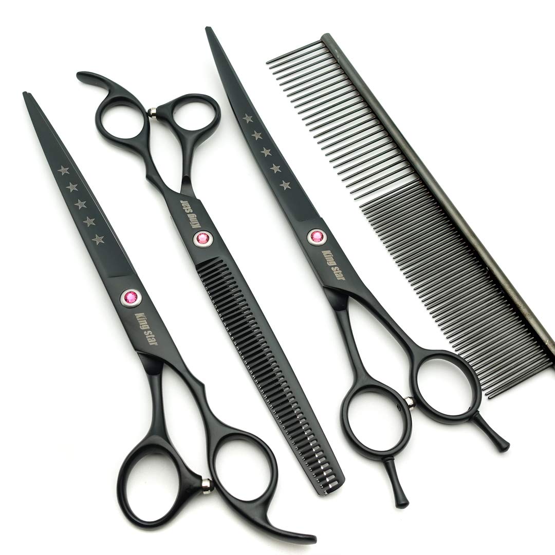 Kingstar Professional Pet Grooming Scissors Set, 8in Stainless Steel, Matt Black, Includes Straight, Thinning, Curved, Model A559