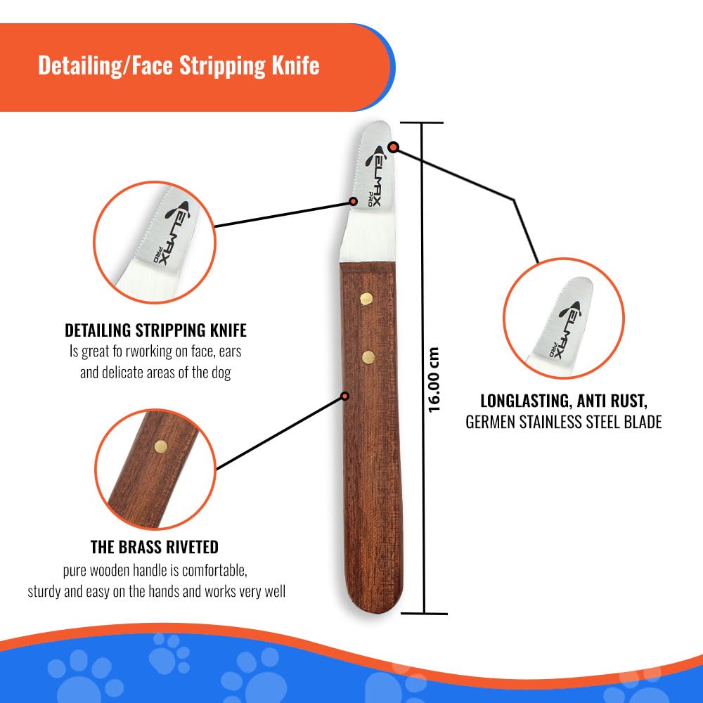 Elmax Pro Slant Tooth Stripping Knife Set for Dogs, Pack of 4, Stainless Steel Blades, Rosewood Handle, Right-Handed Grooming Tools