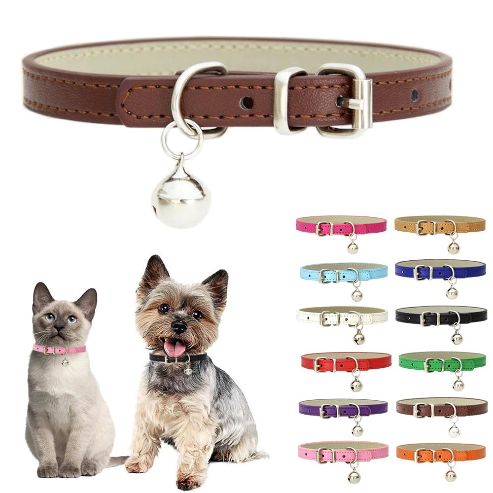 Brown Xxs Dog Collar With Bell,Soft Pu Leather Female Puppy Collar With Bells Basic Girls Cat Collar With Bells For Xxs Xsmall S