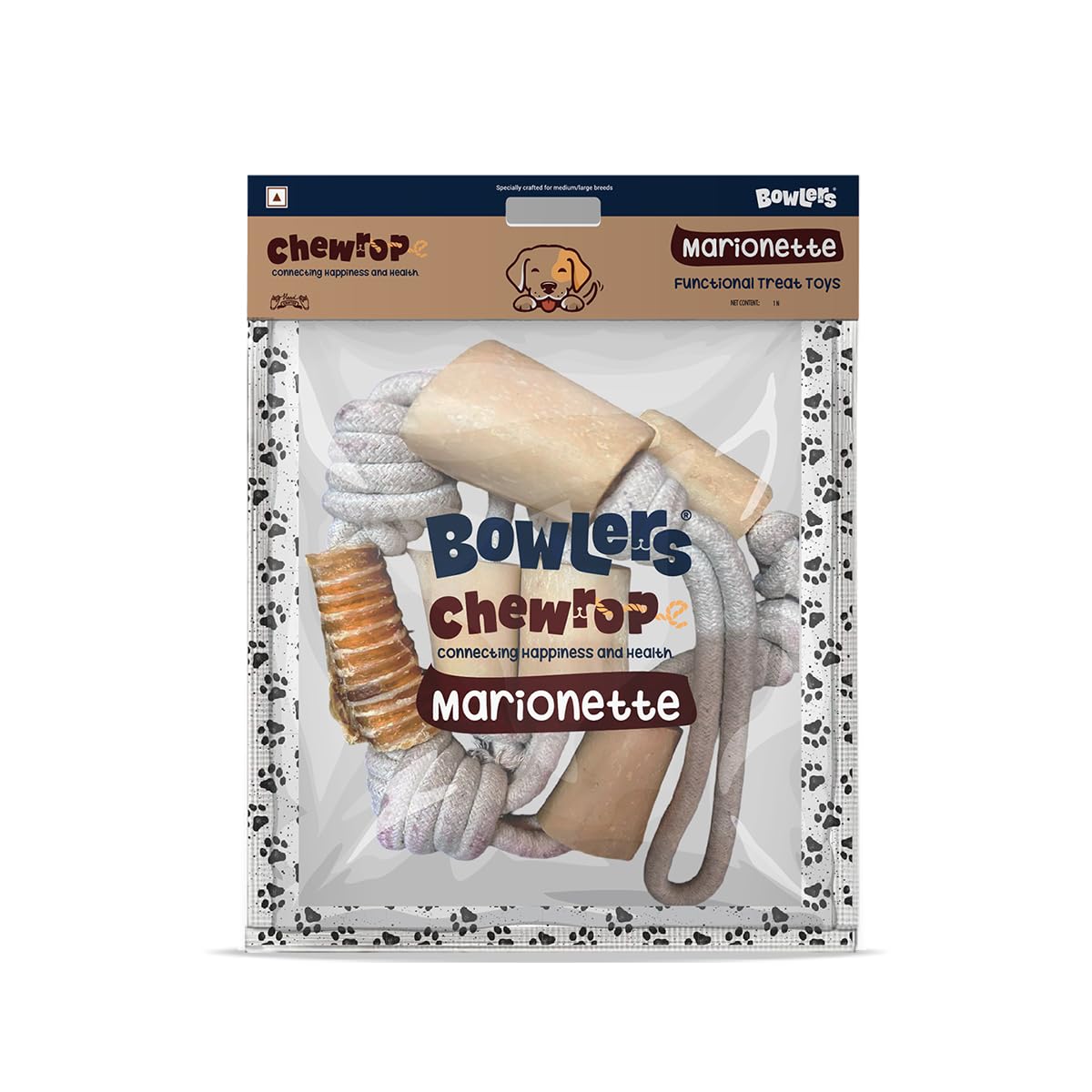 Bowlers Dog Treats Chewrope Marionette| For Giant Breeds | Made Of Natural Material |Strengthens & Cleans Teeth | 2 In 1 Toy Plu