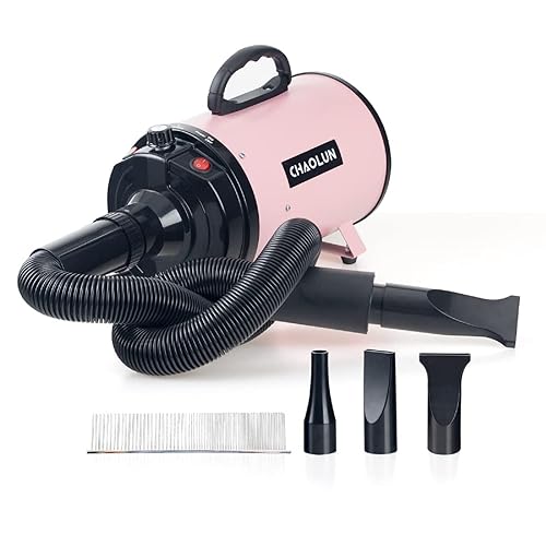 Chaolun Dog Dryer, Dog Blow Dryer, High Velocity Professional Pet Grooming Dryer, Dog Hair Dryer With Heater, Stepless Adjustable Speed, 3 Different Nozzles And A Comb, Pink